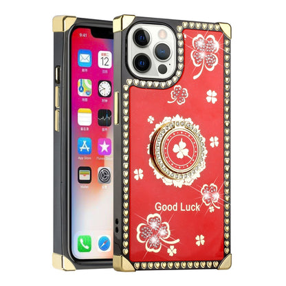 For Apple iPhone 13 (6.1") Fashion Art Square Hearts Diamond Bling Sparkly Glitter Ornaments with Ring Stand  Phone Case Cover