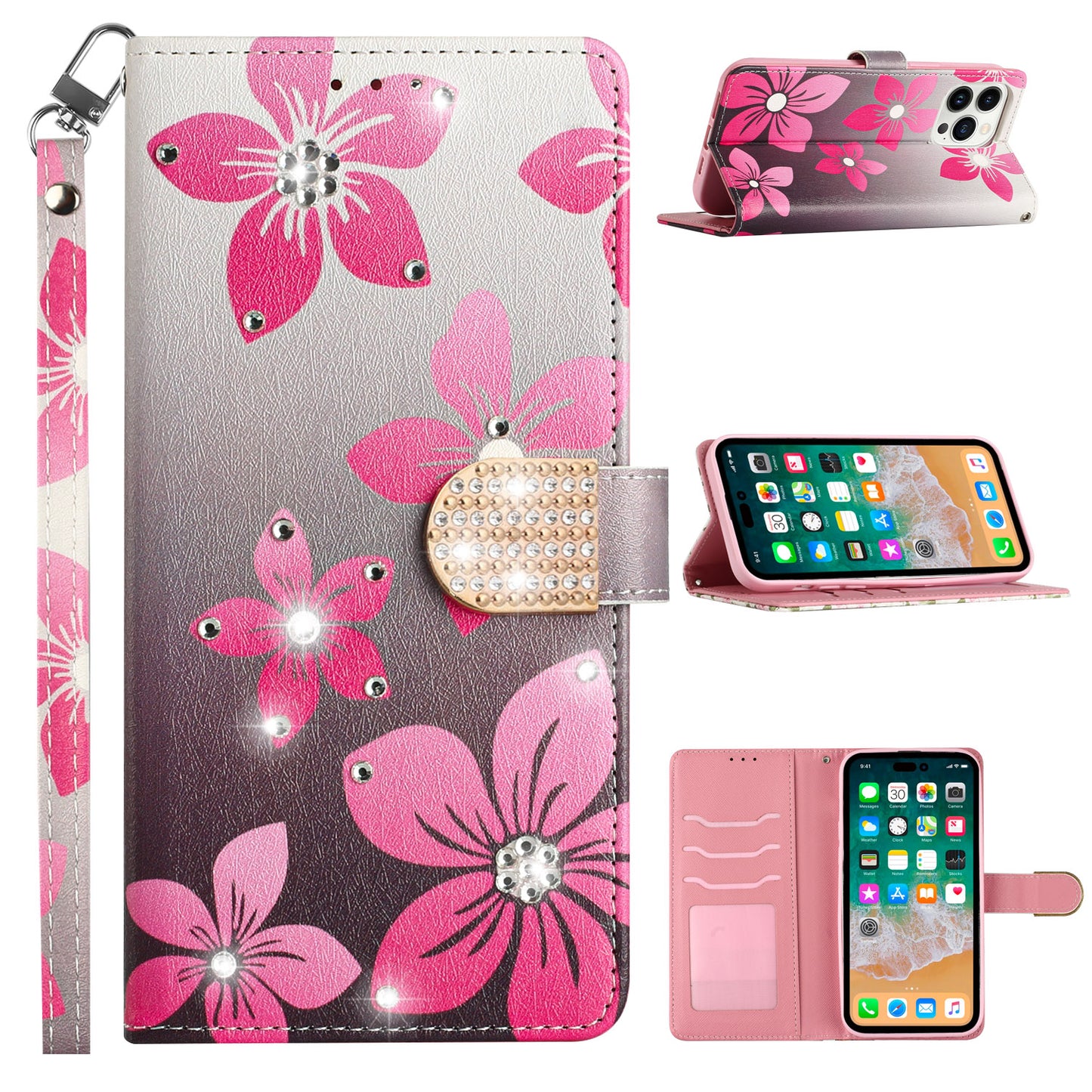 For Samsung Galaxy S22 Fashion Diamond Bling Design Wallet Pouch Card Slots PU Leather With Lanyard  Phone Case Cover