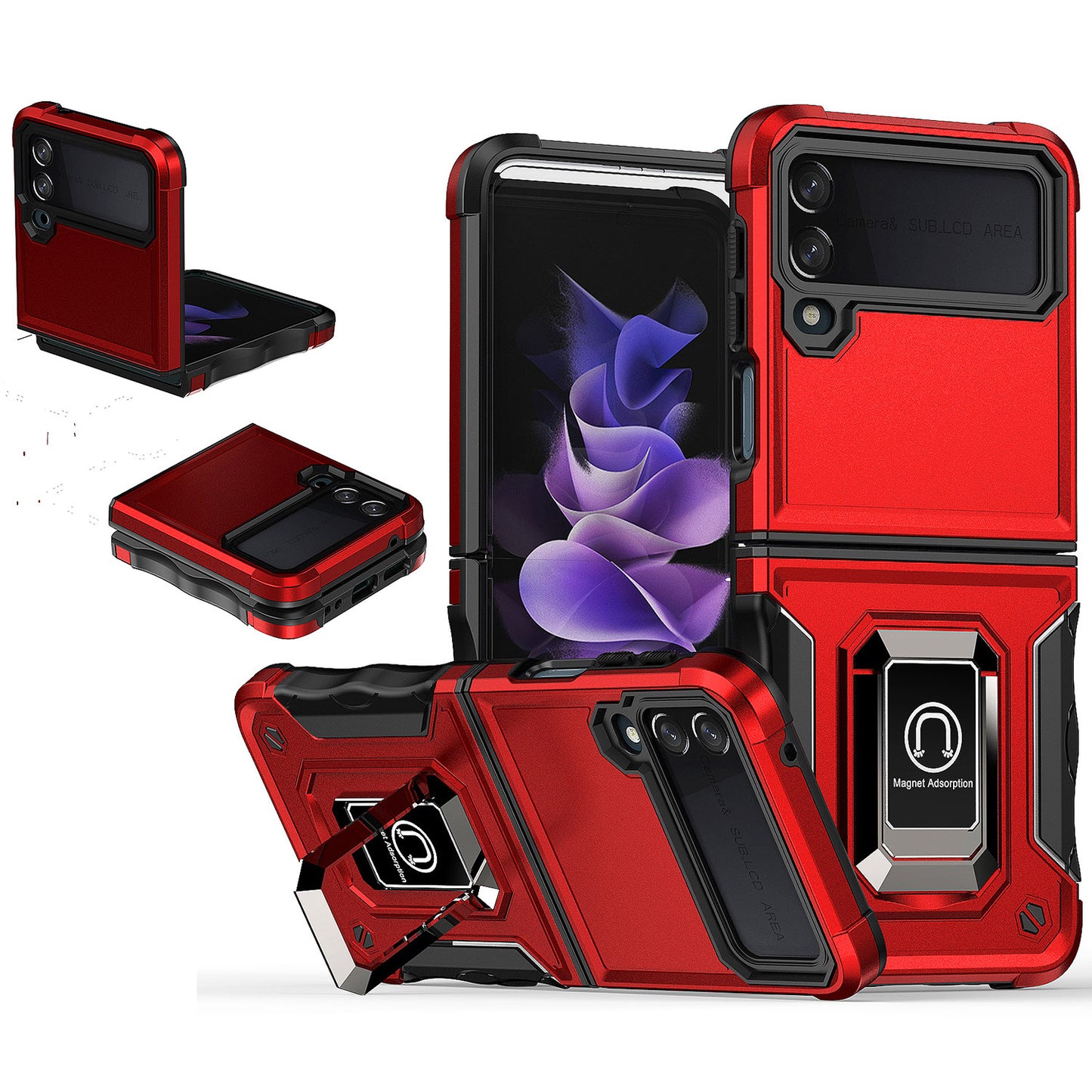 For Samsung Galaxy Z Flip 4 5G Hybrid Cases with Magnetic Ring Holder Kickstand Heavy Duty Rugged Silicone Shockproof  Phone Case Cover