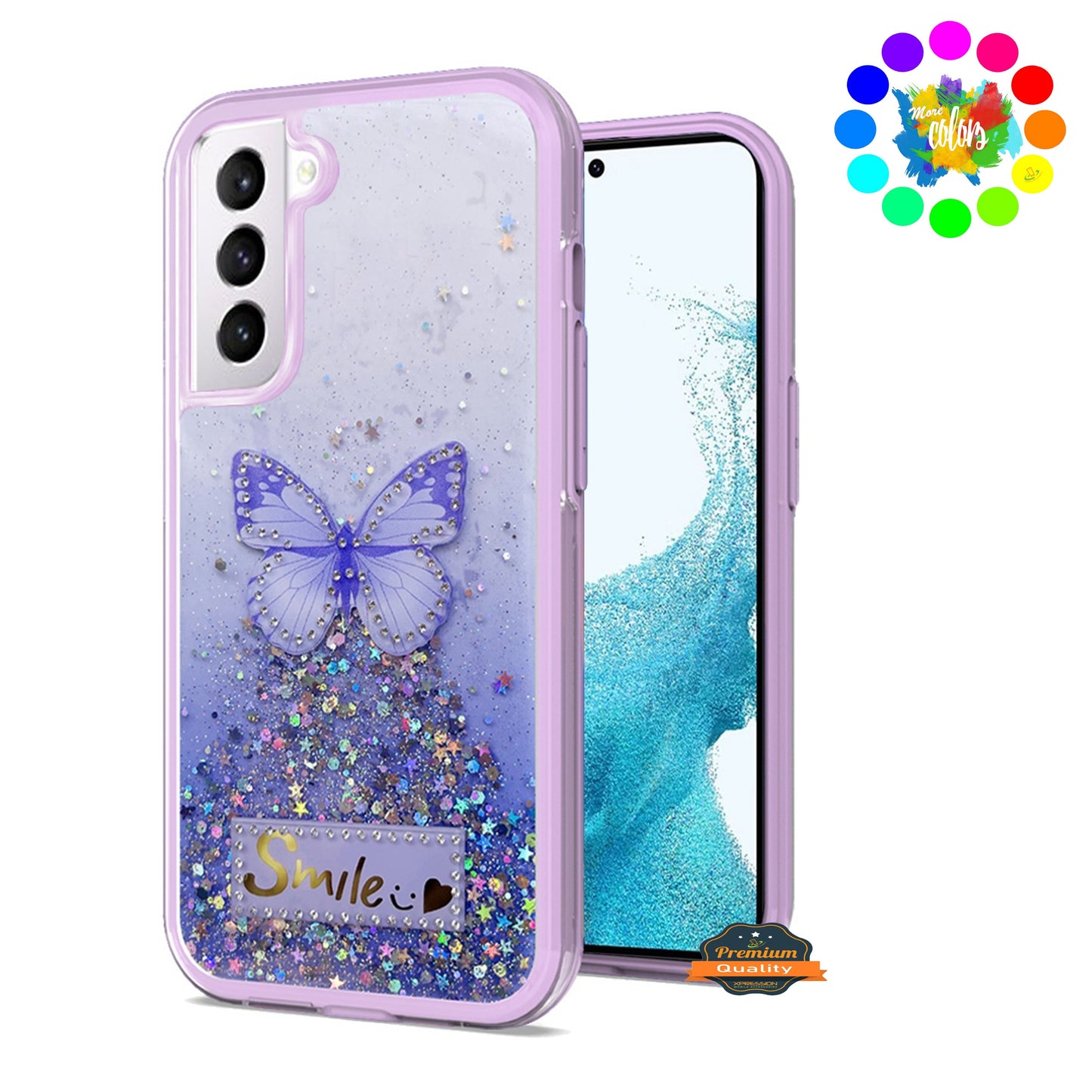 For Apple iPhone 14 /Plus Pro Max Butterfly Smile Glitter Bling Sparkle Epoxy Glittering Shining Hybrid Hard PC TPU Slim  Phone Case Cover