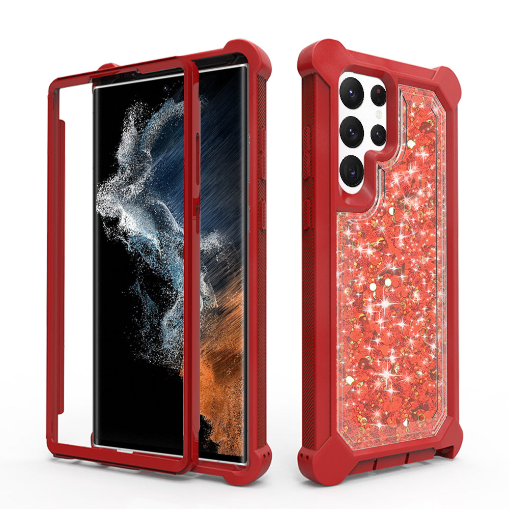For Samsung Galaxy S22 Ultra Luxury Liquid Glitter 3in1 Sparkle Bling Quicksand Clear Heavy Duty Bumper PC Frame TPU Back  Phone Case Cover