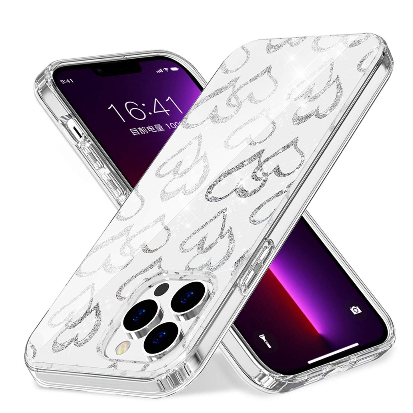 For Apple iPhone 14 Pro Max (6.7") Beautiful Laser Glitter Design Pattern Hybrid Gummy Hard PC TPU Shockproof  Phone Case Cover