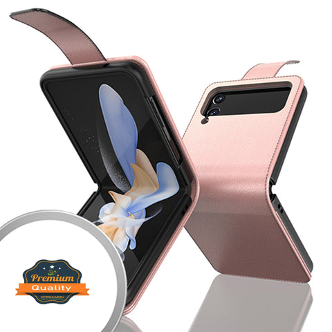 For Samsung Galaxy Z Flip 4 5G Wallet PU Leather Pouch with Credit Card Slots Money Pocket, Stand & Strap Flip Bookstyle Rose Gold Phone Case Cover