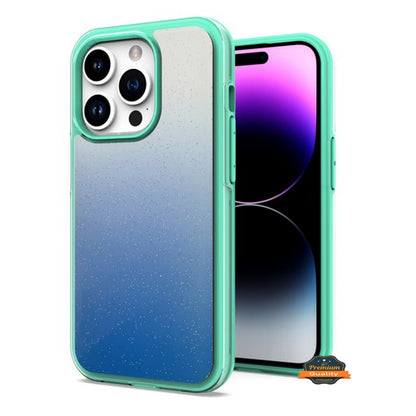 For Apple iPhone 14 /Plus Pro Max Gradient Glitter Bling Hybrid Shockproof Protection TPU Frame and Hard PC Back Slim  Phone Case Cover