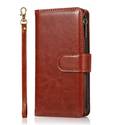 For Nokia C100 Luxury Leather Zipper Wallet Case 9 Credit Card Slots Cash Money Pocket Clutch Pouch with Stand & Strap Brown Phone Case Cover