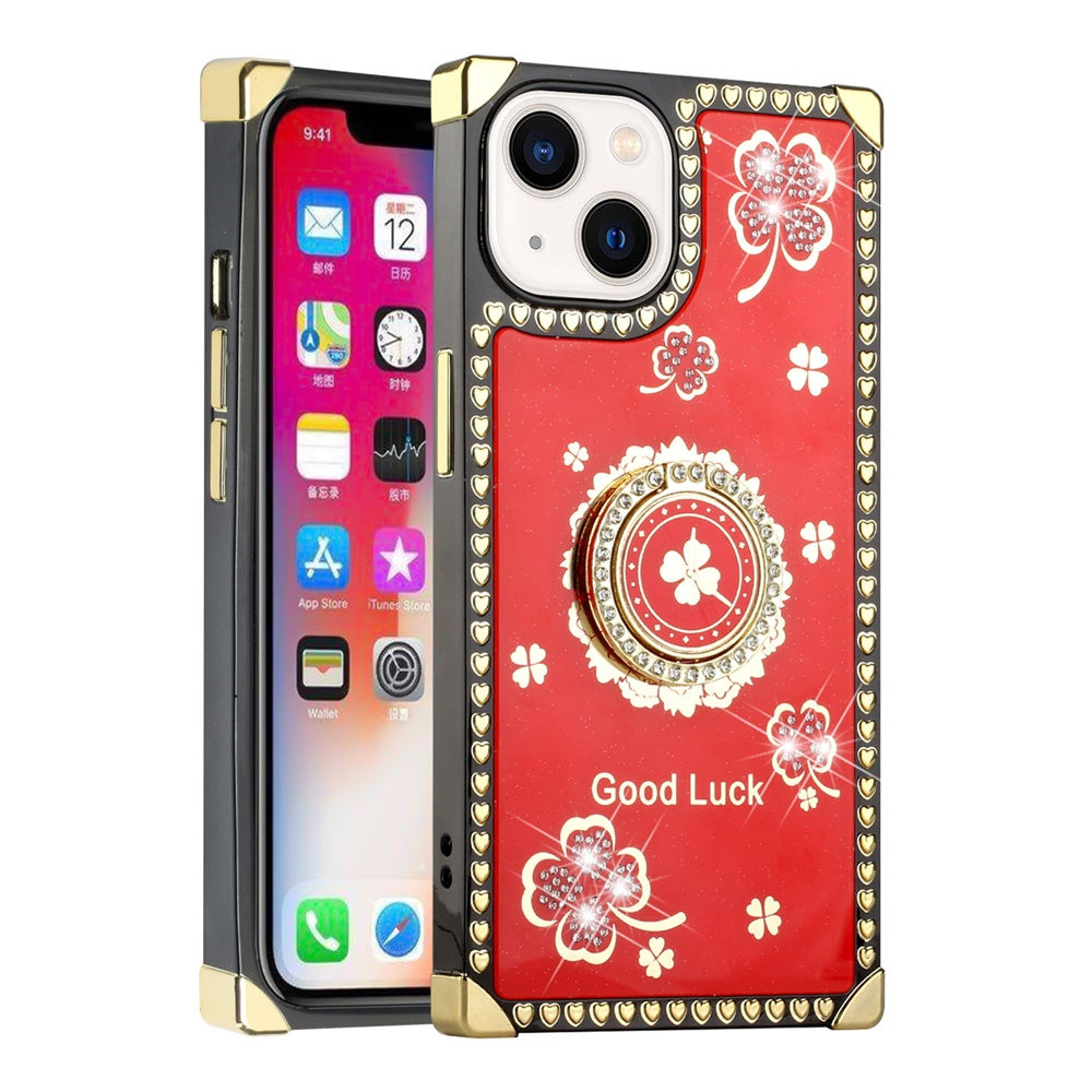 For Apple iPhone 13 (6.1") Fashion Art Square Hearts Diamond Bling Sparkly Glitter Ornaments with Ring Stand  Phone Case Cover