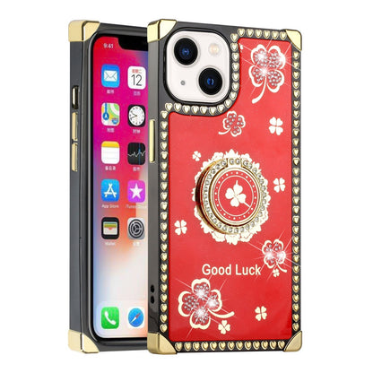 For Apple iPhone 13 (6.1") Fashion Art Square Hearts Diamond Bling Sparkly Glitter Ornaments with Ring Stand  Phone Case Cover