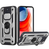 For Motorola Moto G Play 2021 Hybrid Cases with Slide Camera Lens Cover and Ring Holder Kickstand Rugged Dual Layer Heavy Duty Silver Phone Case Cover