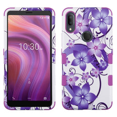 For Alcatel 3V 5032w (2019) Hybrid Three Layer Hard PC Shockproof Heavy Duty TPU Rubber Anti-Drop Purple Hibiscus Phone Case Cover