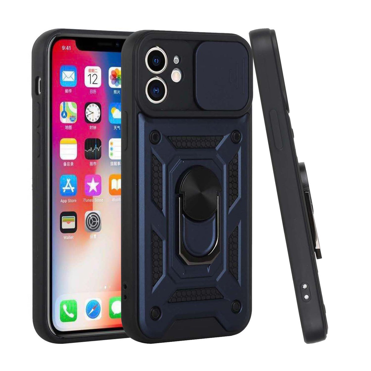 For Apple iPhone 14 Pro (6.1") Hybrid Cases with Slide Camera Lens Cover, Ring Holder Kickstand Rugged Dual Layer  Phone Case Cover