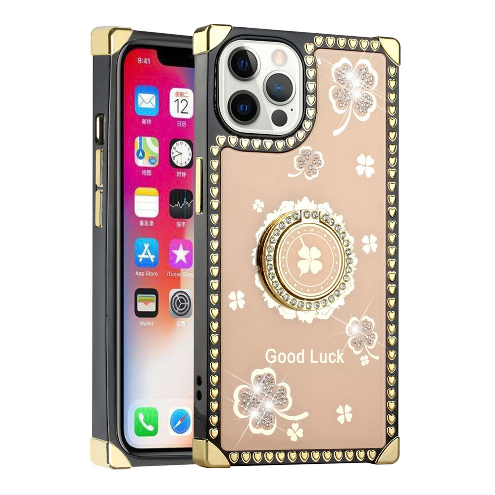 For Apple iPhone 13 Pro Max (6.7") Fashion Square Hearts Diamond Bling Sparkly Glitter Ornaments with Ring Stand  Phone Case Cover