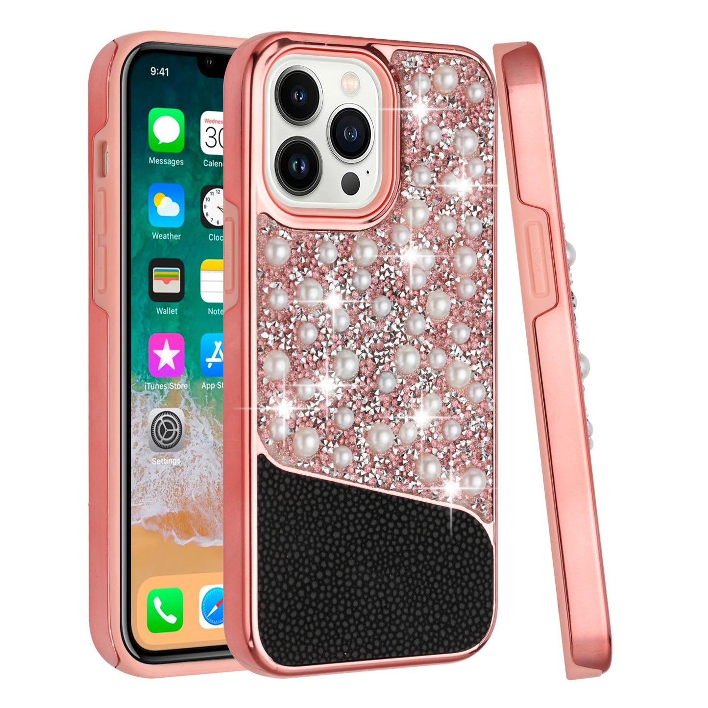 For Apple iPhone 14 Pro (6.1") Bling Pearl Diamonds Design Glitter Hybrid Thick Hard TPU Shiny Protective Rubber Frame  Phone Case Cover