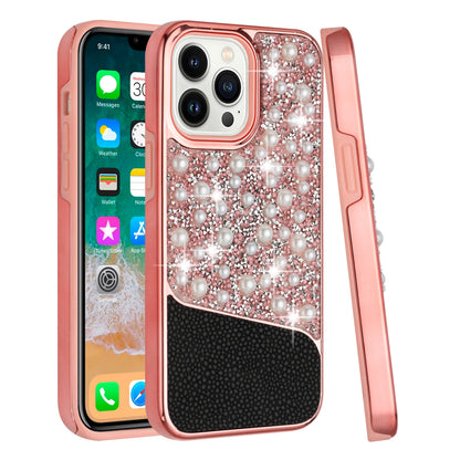 For Apple iPhone 14 (6.1") Bling Pearl Diamonds Design Glitter Hybrid Thick Hard TPU Shiny Protective Rubber Frame  Phone Case Cover