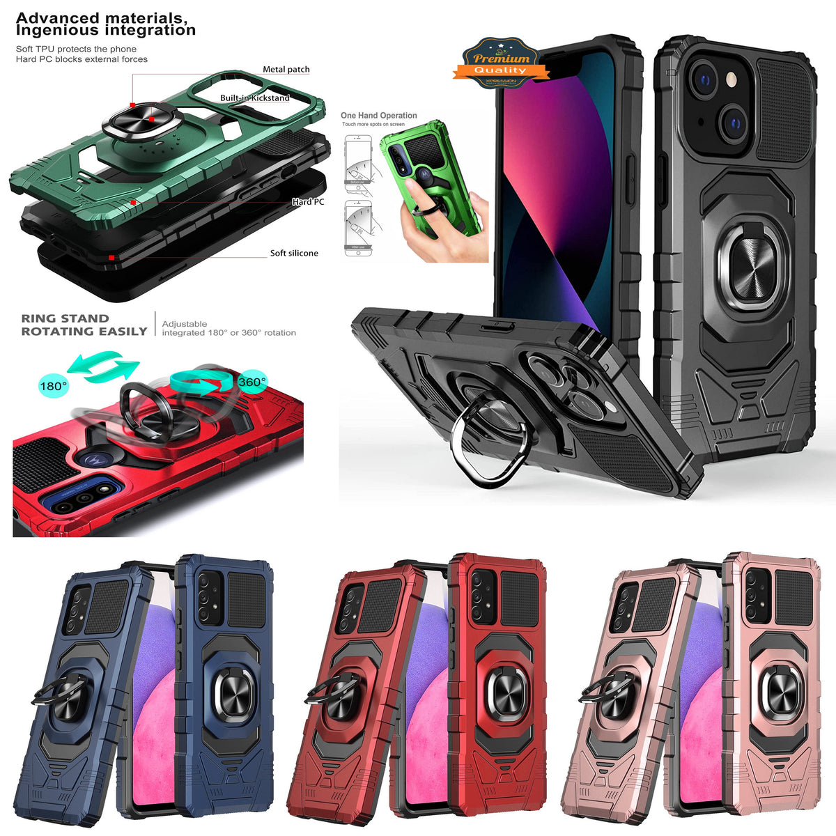 For Apple iPhone 14 /Pro Max Armor Hybrid Stand Ring Rugged Protective [Military-Grade] Magnetic Car Ring Holder  Phone Case Cover
