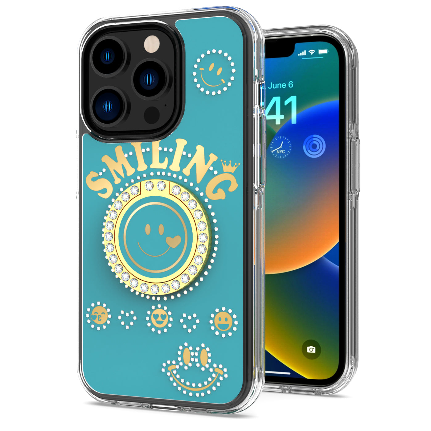 For Apple iPhone 14 /Plus Pro Max Smiling Glitter Ornament Bling Sparkle with Ring Stand Hybrid TPU + Hard Back Shell  Phone Case Cover
