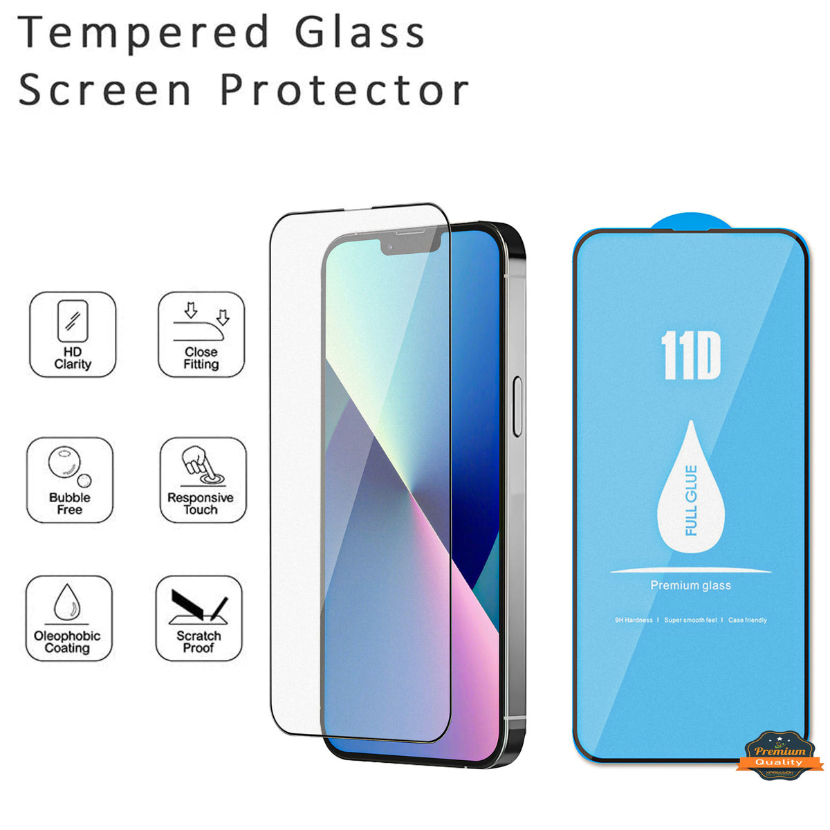 For Apple iPhone 14 Pro (6.1") Tempered Glass Screen Protector 11D Full Glue High Grade Alumina Tempered Glass Curved Screen Clear Screen Protector