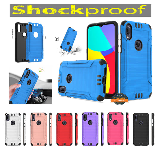 For Boost Mobile Celero 5G Hybrid Dual Layer Slim Defender Armor Tuff Metallic Brush Texture Finishing Shockproof Hard TPU Rubber  Phone Case Cover