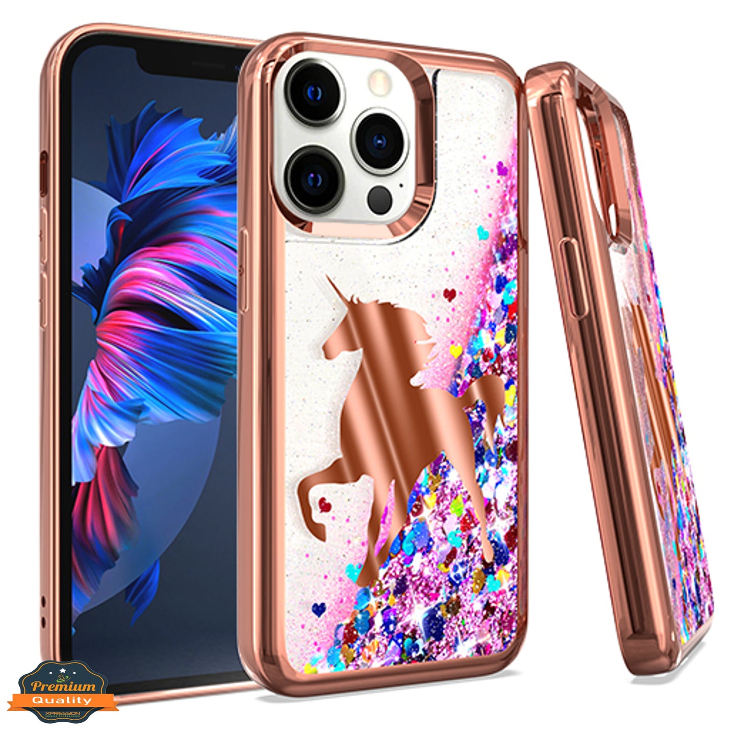 For Apple iPhone 14 (6.1") Quicksand Liquid Glitter Bling Flowing Sparkle Fashion Hybrid TPU and Chrome Plating Hard  Phone Case Cover