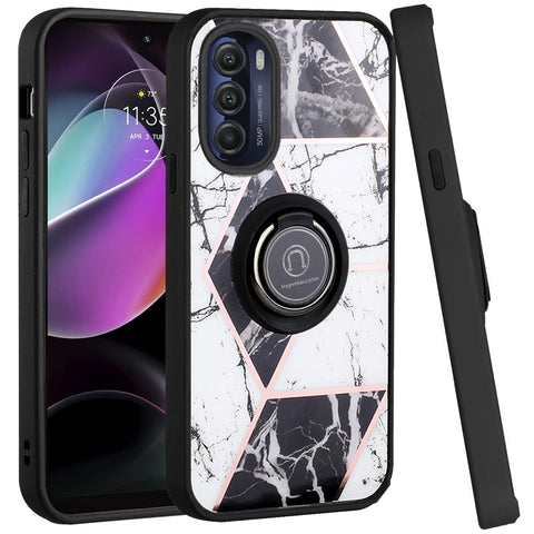 For Motorola Moto G 5G 2022 Marble Design with Magnetic Ring Kickstand Holder Hybrid TPU Hard PC Shockproof Armor Classy Black Phone Case Cover