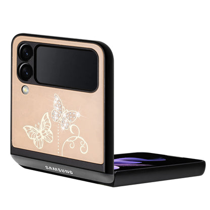 For Samsung Galaxy Z Flip 4 5G 3D Diamond Bling Sparkly Glitter Ornaments Engraving Hybrid Metal Fashion Gold Garden Butterflies Phone Case Cover