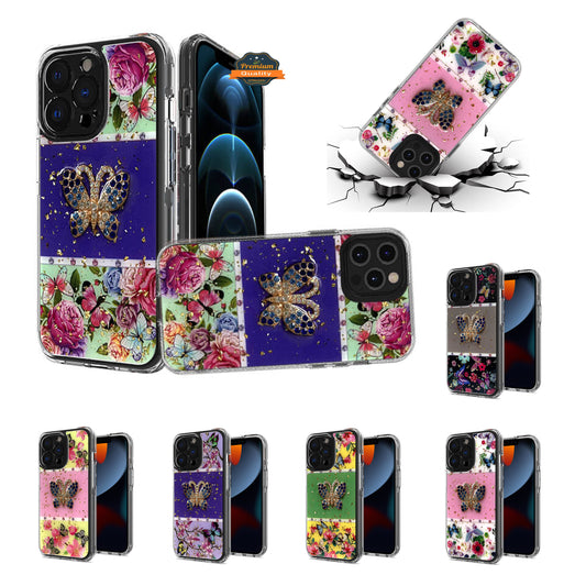 For Motorola Moto G Power 2022 Glitter Sparkle Colorful Bling Flake 3D Ornament Butterfly Floral Epoxy Hybrid Shockproof Hard  Phone Case Cover