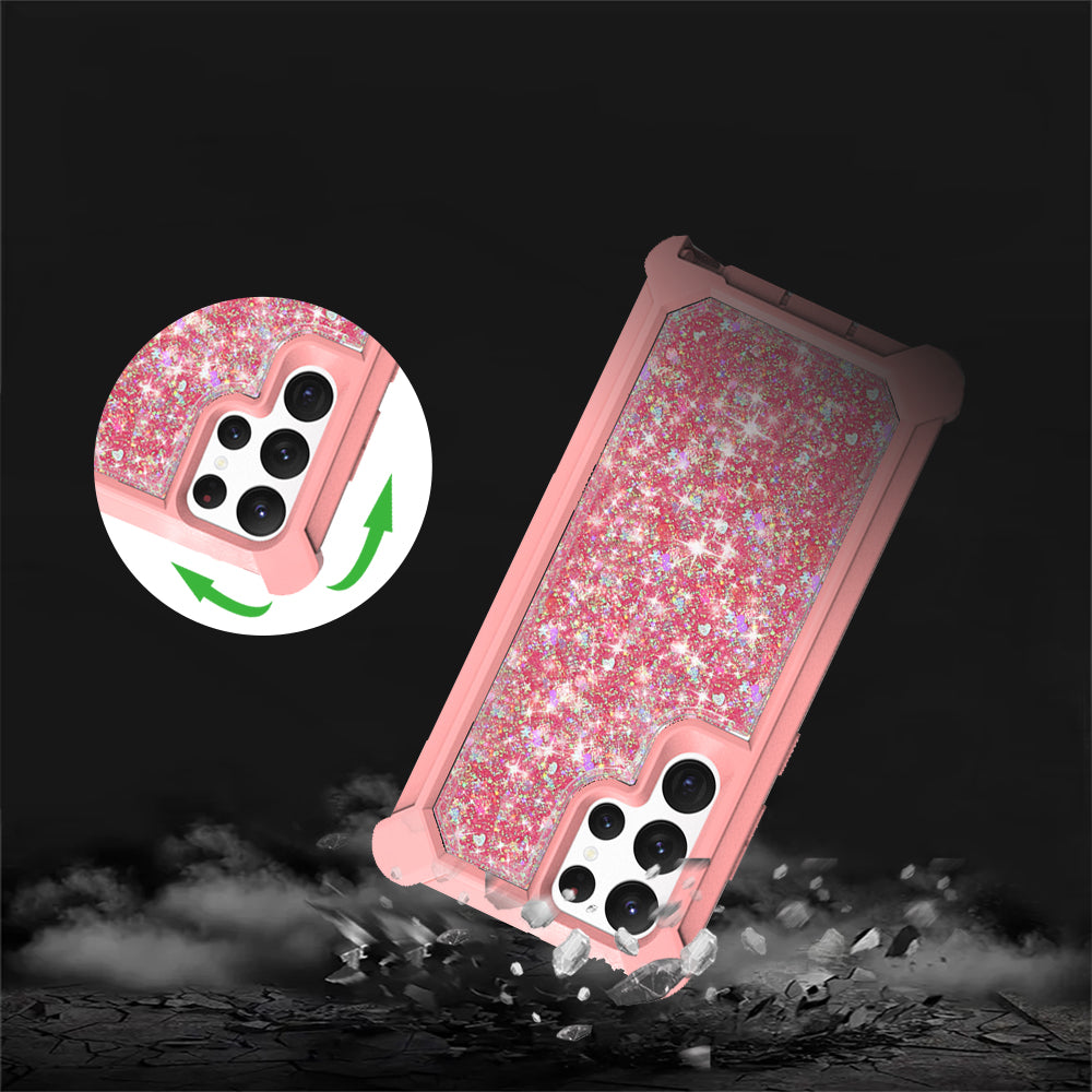 For Samsung Galaxy S22 Ultra Luxury Liquid Glitter 3in1 Sparkle Bling Quicksand Clear Heavy Duty Bumper PC Frame TPU Back  Phone Case Cover