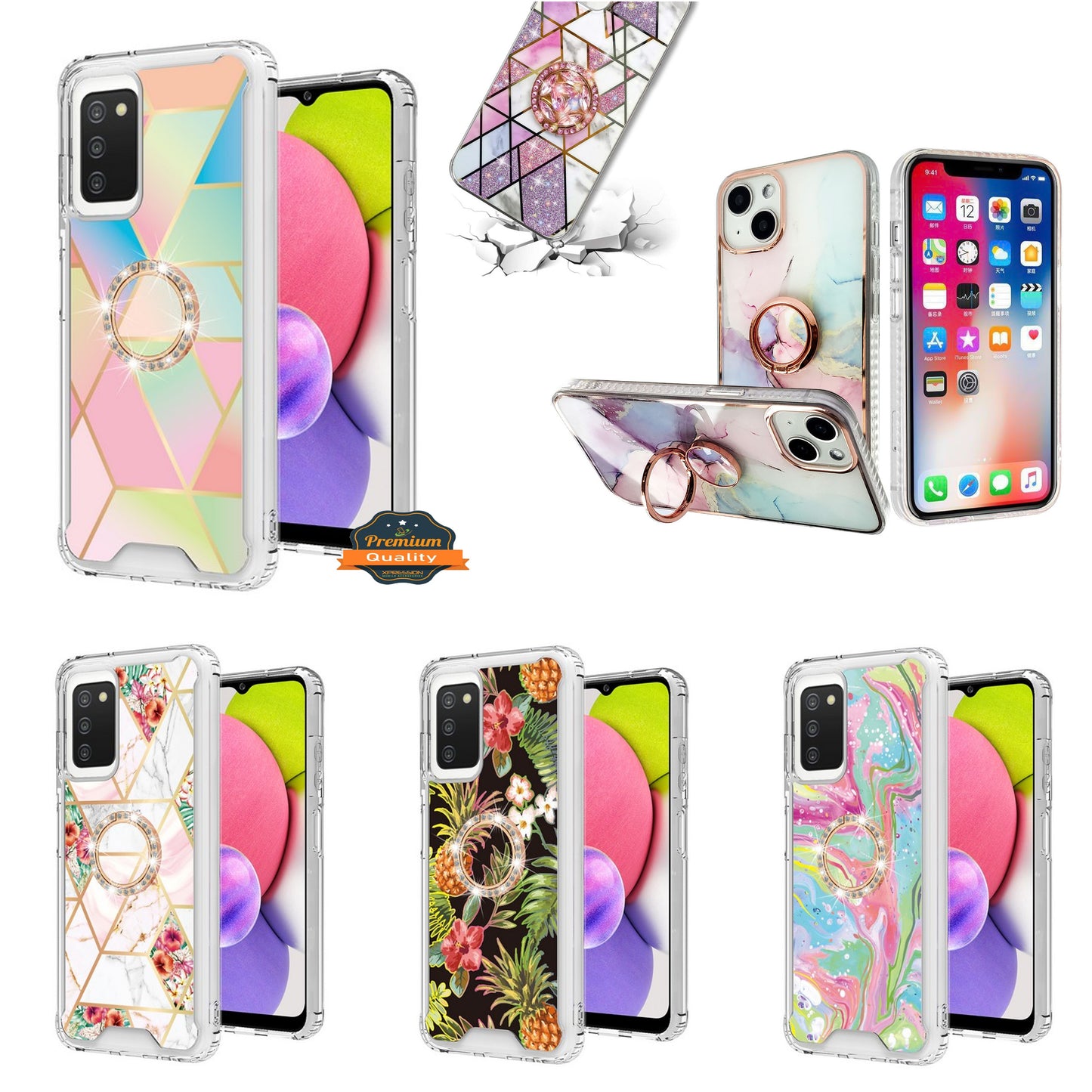 For Apple iPhone 14 /Plus Pro Max Fashion Design Pattern Hybrid Ring Kickstand Bling Diamond Hard PC TPU Protective  Phone Case Cover
