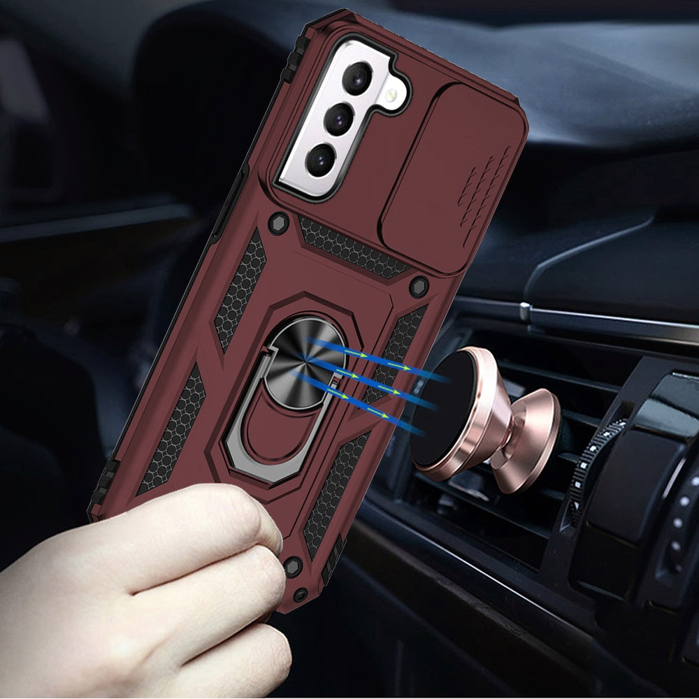 For Samsung Galaxy S22 Ultra Hybrid Case with Stand, Camera Lens Protection & 360° Rotate Ring, Shockproof, Soft Bumper Burgundy Phone Case Cover