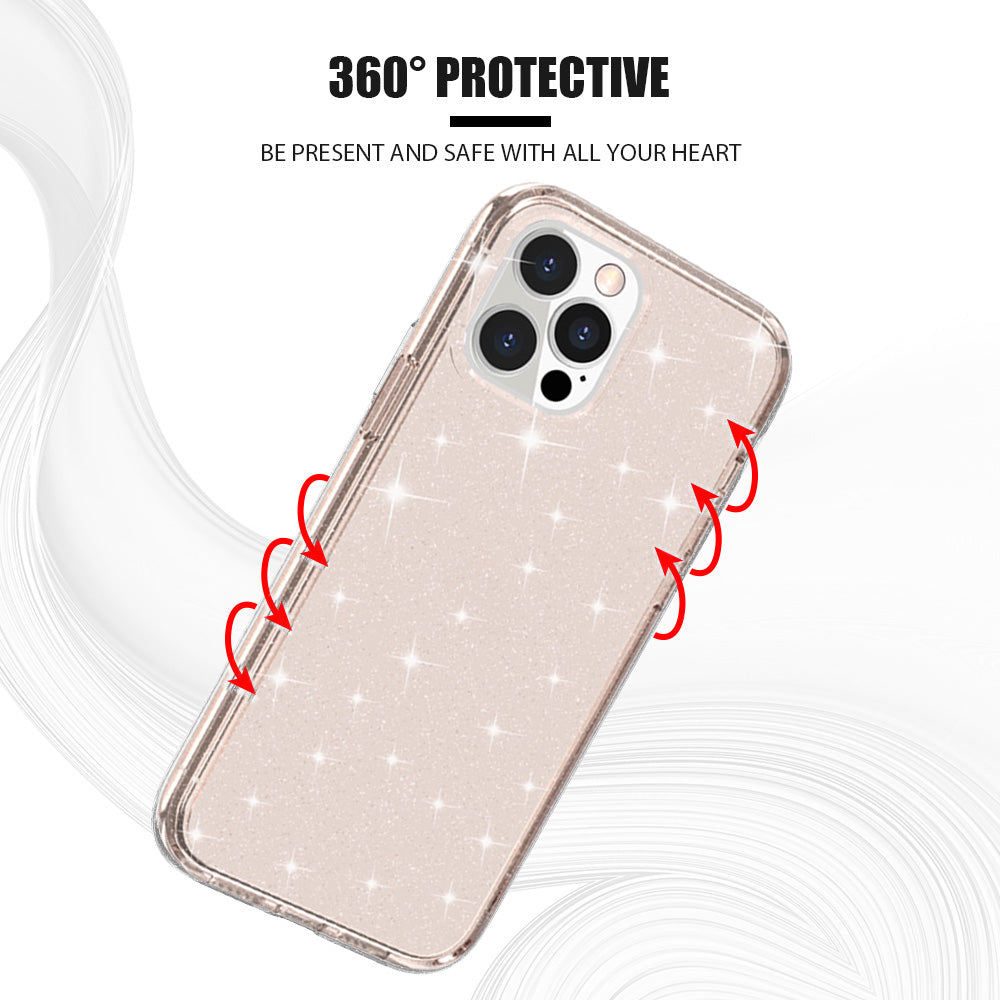 For Apple iPhone 14 (6.1") Transparent Glitter Bling Sparkly Hybrid Hard PC Shell & Soft TPU Shock-Absorption Bumper Purple Phone Case Cover