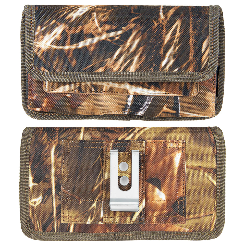 For Apple iPhone 13 Pro (6.1") Universal Horizontal Cell Phone Case Camo Print Holster Carrying Pouch with Belt Clip & 2 Card Slots fit Large Devices 5.7" [Camouflage]