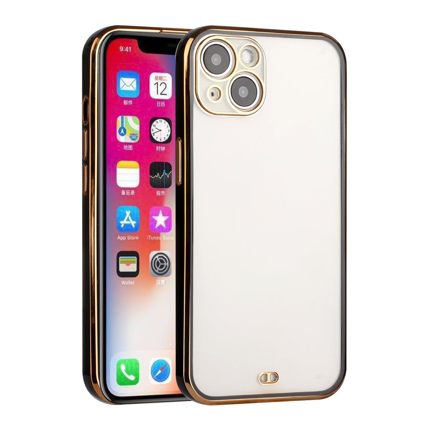 For Apple iPhone 13 (6.1") Slim Hybrid Gold Plated Chrome Transparent Rubber Gummy Hard PC Thick TPU Protective  Phone Case Cover
