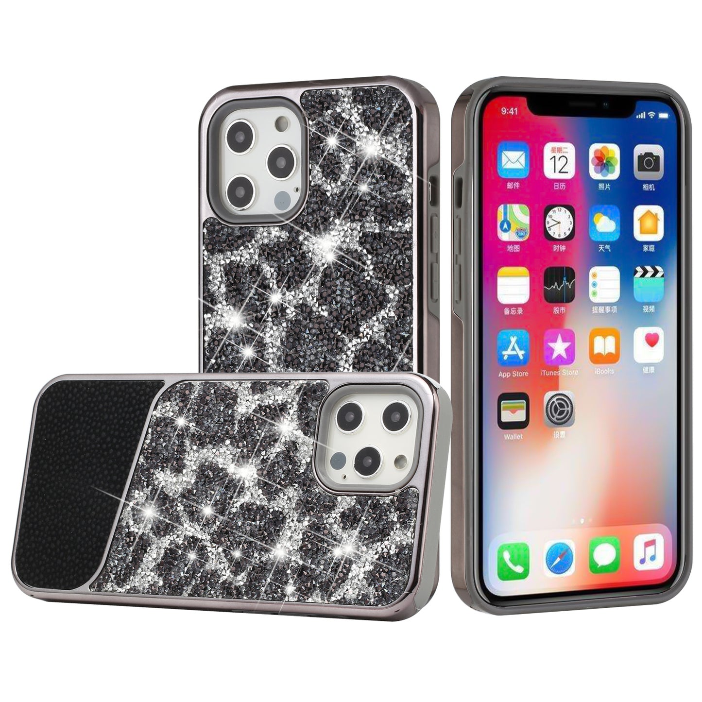 For Apple iPhone 14 (6.1") Bling Animal Design Glitter Hybrid Thick TPU Shiny Protective Rubber Frame  Phone Case Cover