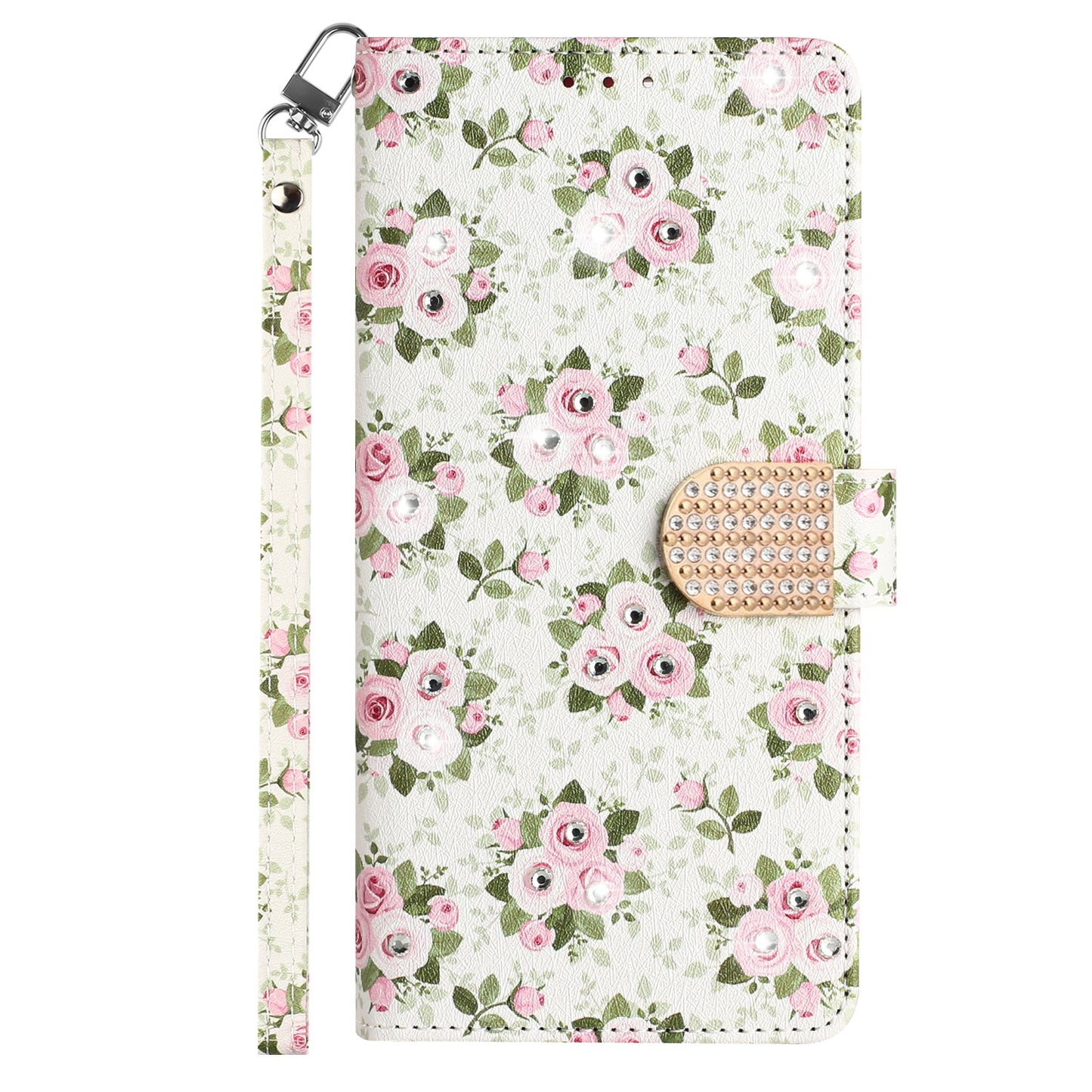 For Apple iPhone 14 (6.1") Fashion Diamond Bling Design Wallet Pouch Card Slots PU Leather With Lanyard  Phone Case Cover