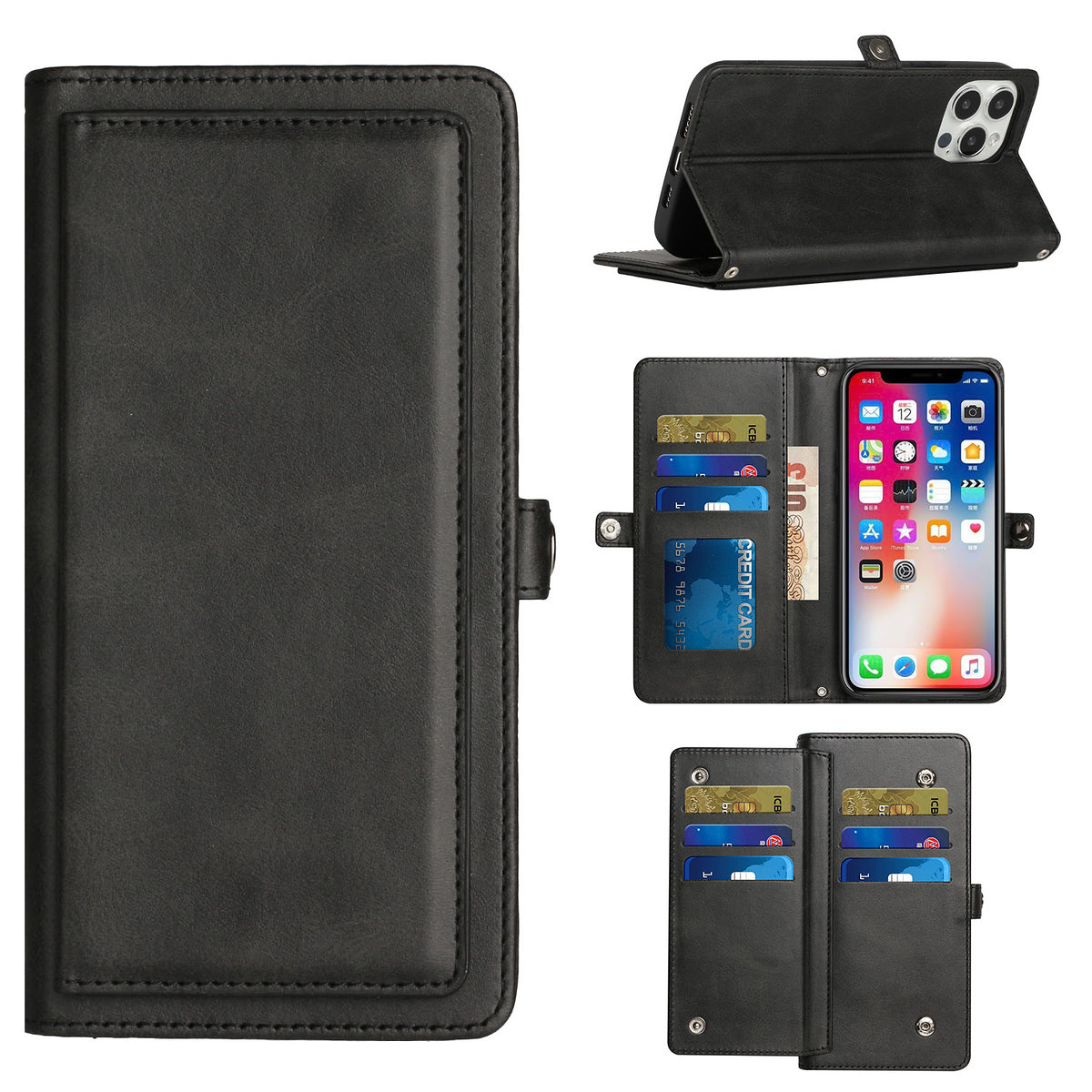 For Apple iPhone 13 Pro Max Ultra Luxury 9 ID Cash Credit Card Slots Holder Carrying Pouch Folio Flip PU Leather Kickstand  Phone Case Cover