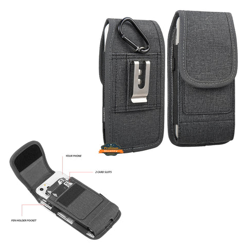 For Nokia C200 Universal Vertical Fabric Case Holster with Dual Credit Card Slots, Belt Loop & Carabiner Carrying Phone Pouch [Black]