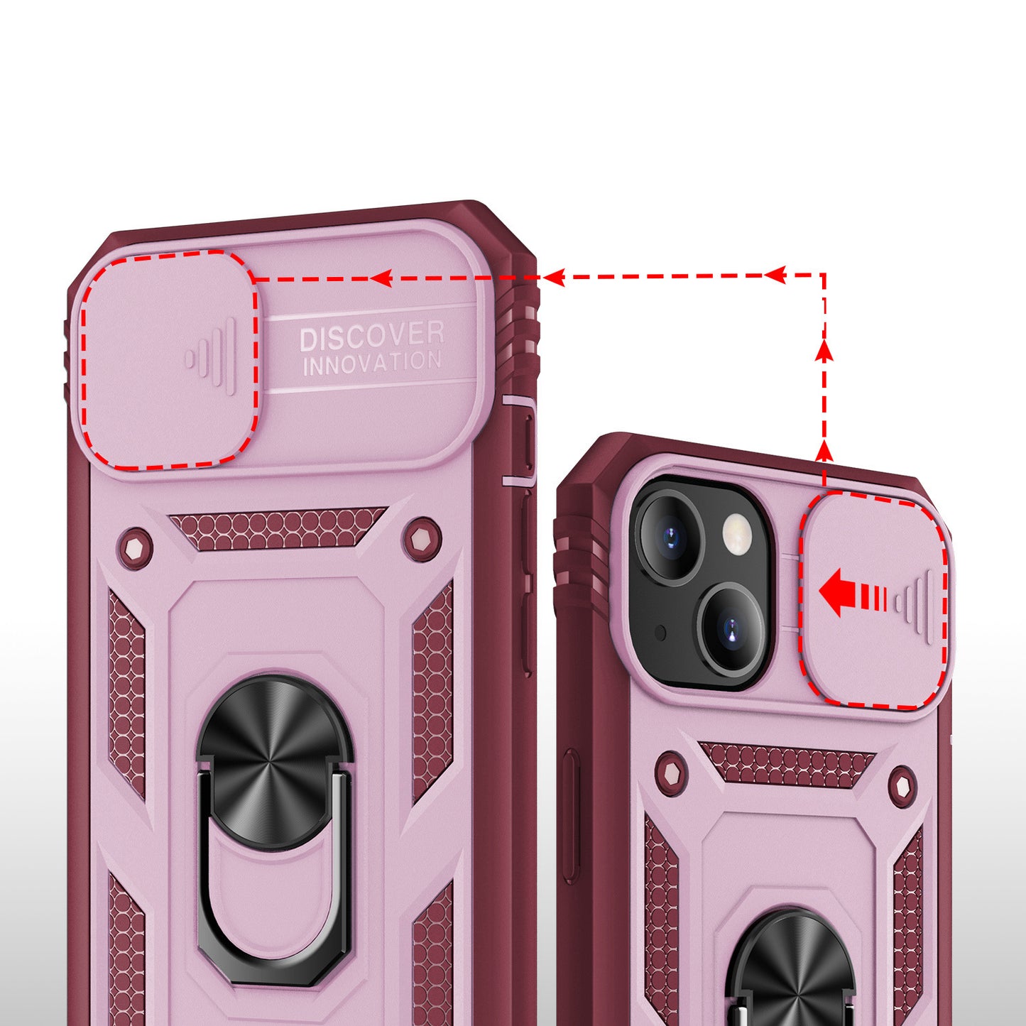 For Apple iPhone 14 (6.1") Hybrid Built-in 360° Rotate Magnetic Ring Stand with Camera Protection Heavy Duty Shockproof Pink Red Phone Case Cover