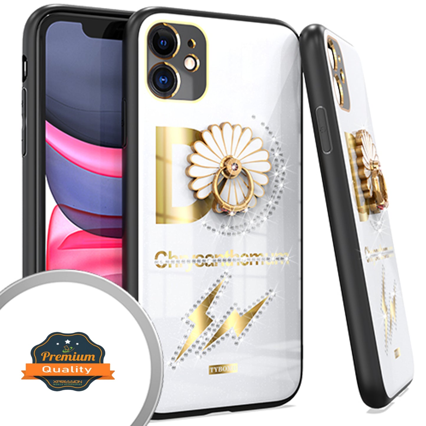 For Apple iPhone 14 (6.1") Elegant Rhinestone 3D Diamond Bling Glitter with Ring Stand Kickstand Plating Hard  Phone Case Cover