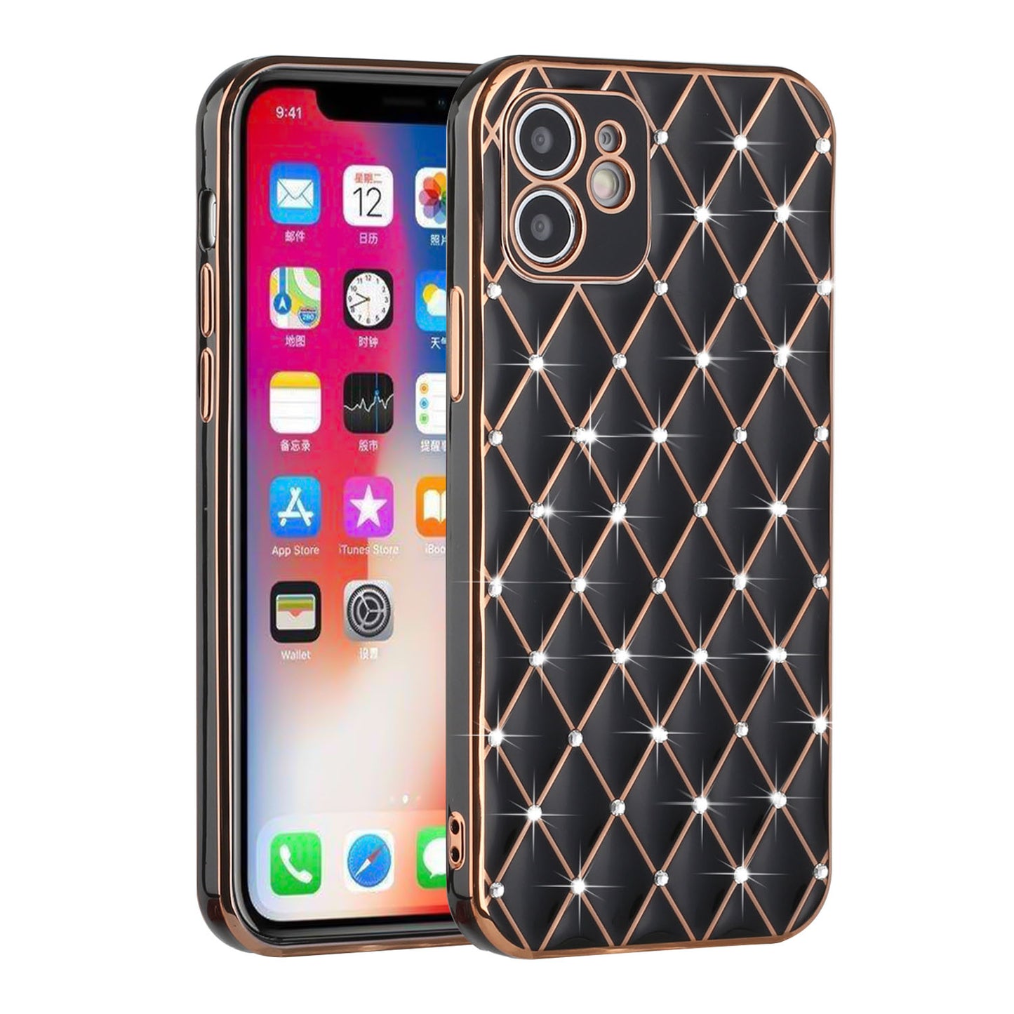 For Apple iPhone 14 Pro (6.1") Luxury Diamonds on Electroplated Grid Design Rhinestone Protective TPU Hard PC  Phone Case Cover
