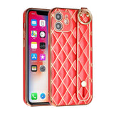 For Apple iPhone 11 (6.1") Chromed Grid Design with Strap Holder Fashion Hybrid Rubber TPU Hard PC Slim Fit  Phone Case Cover