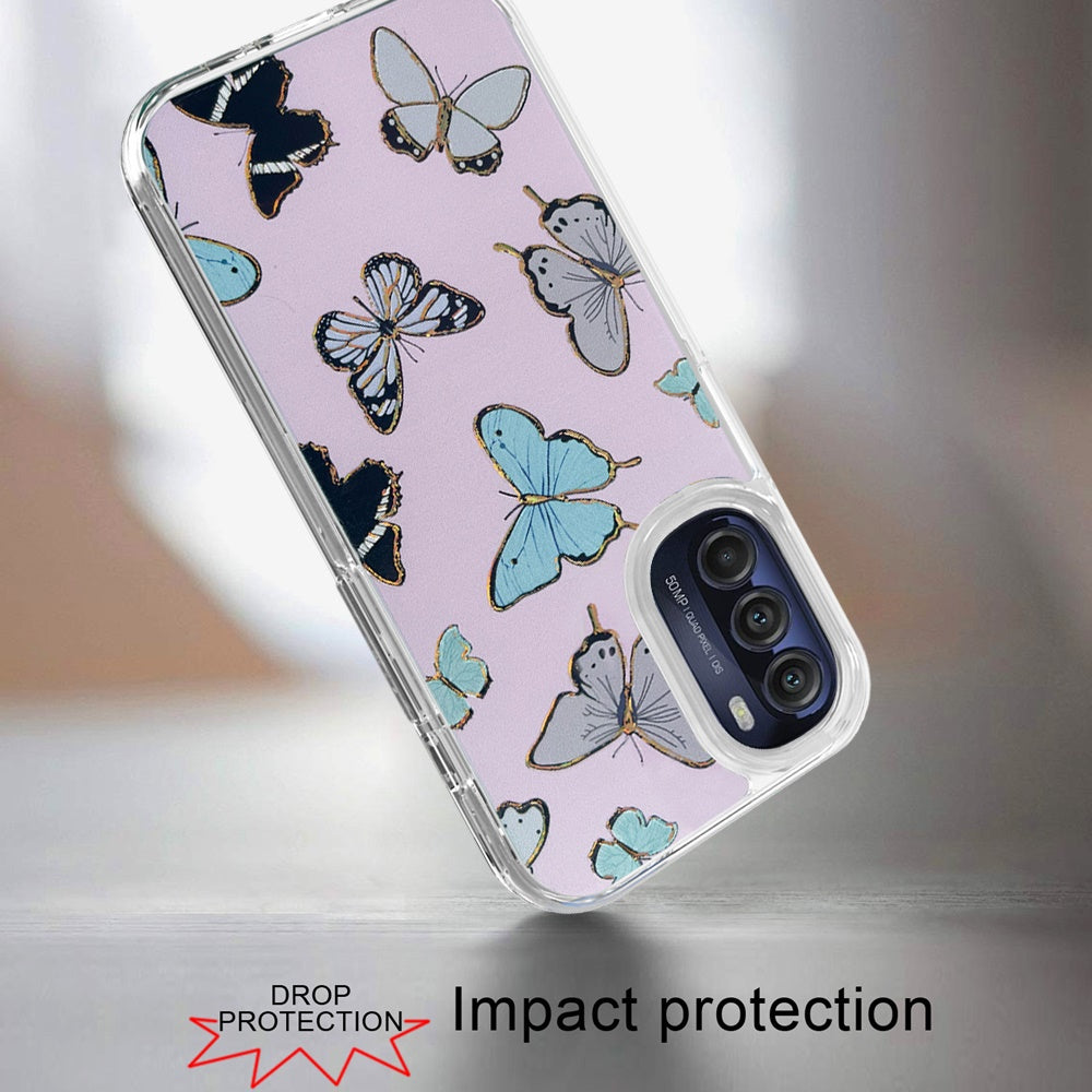 For Motorola Moto G 5G 2022 Stylish Gold Layer Design Hybrid Rubber TPU Hard PC Shockproof Armor Rugged Slim Fit Butterflies Phone Case Cover