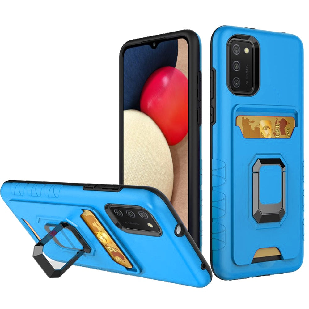 For Samsung Galaxy A02S Wallet Case Designed with Credit Card Holder & Ring Stand Kickstand Heavy Duty Hybrid Armor Blue Phone Case Cover