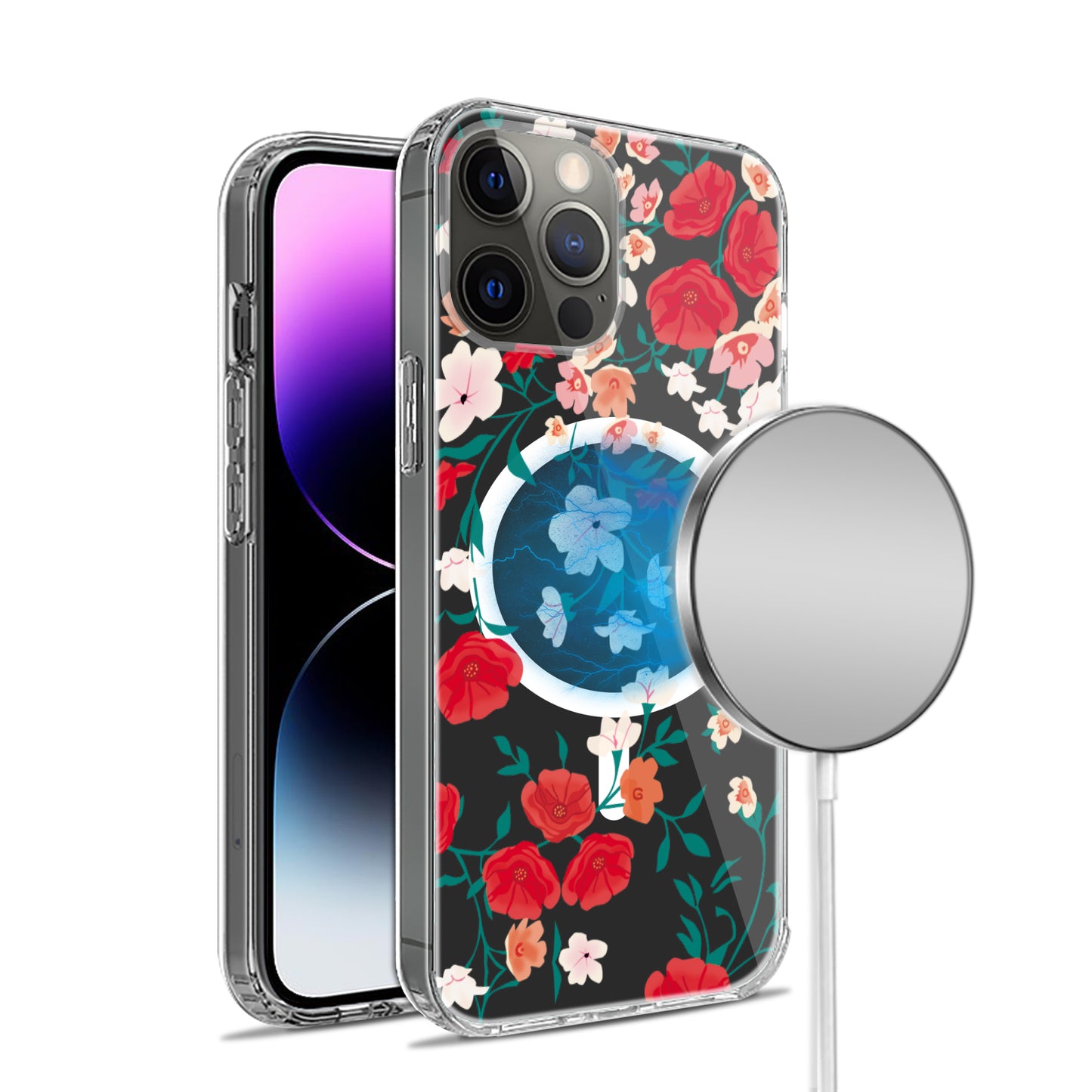 For Apple iPhone 13 Pro Max (6.7") Hybrid Flower Design Stylish Fashion Hard MagSafe Compatible Shockproof  Phone Case Cover