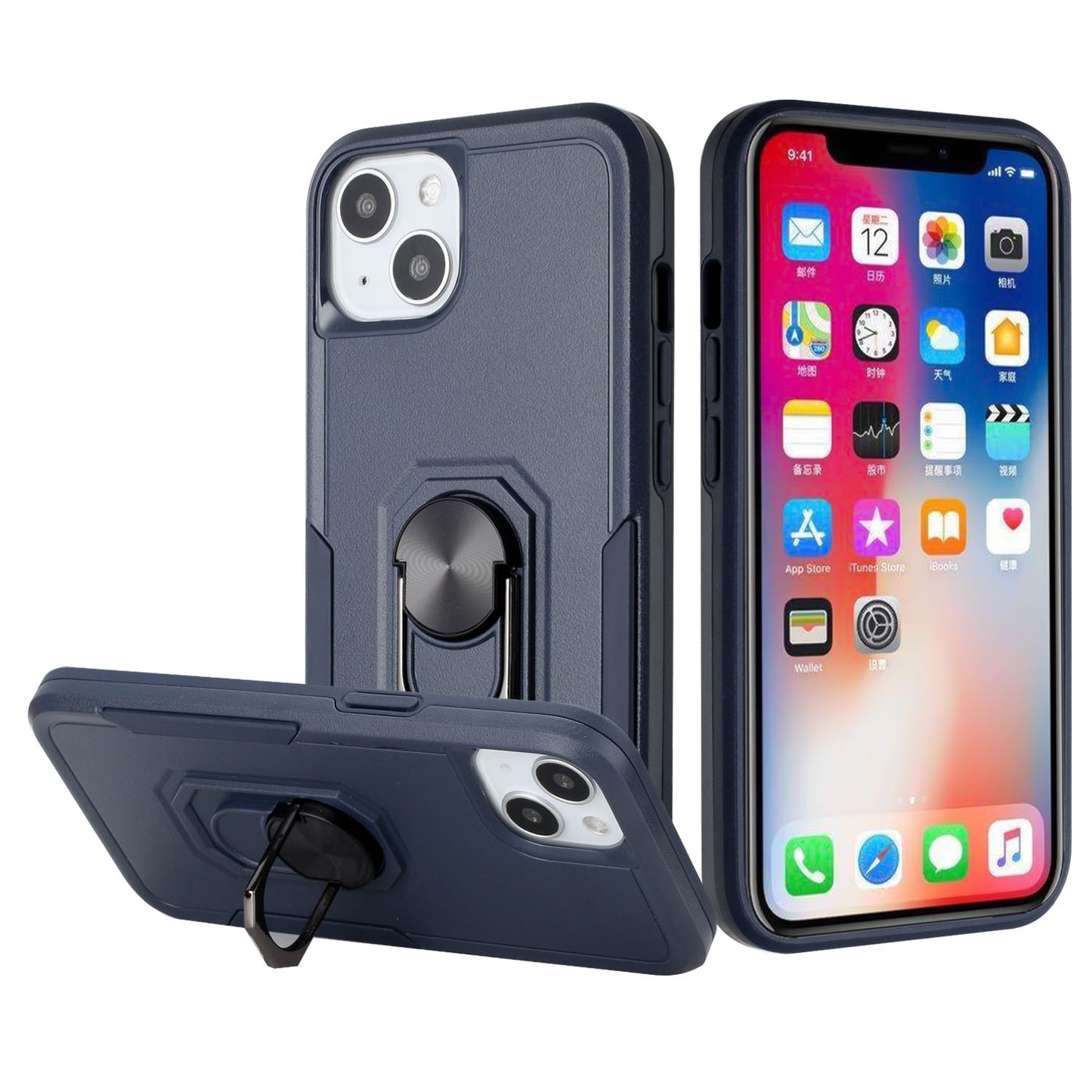 For iPhone 14 Pro (6.1") Hybrid Tough Strong Dual Layer Hard PC TPU with Magnetic Ring Stand Heavy-Duty Armor Design  Phone Case Cover