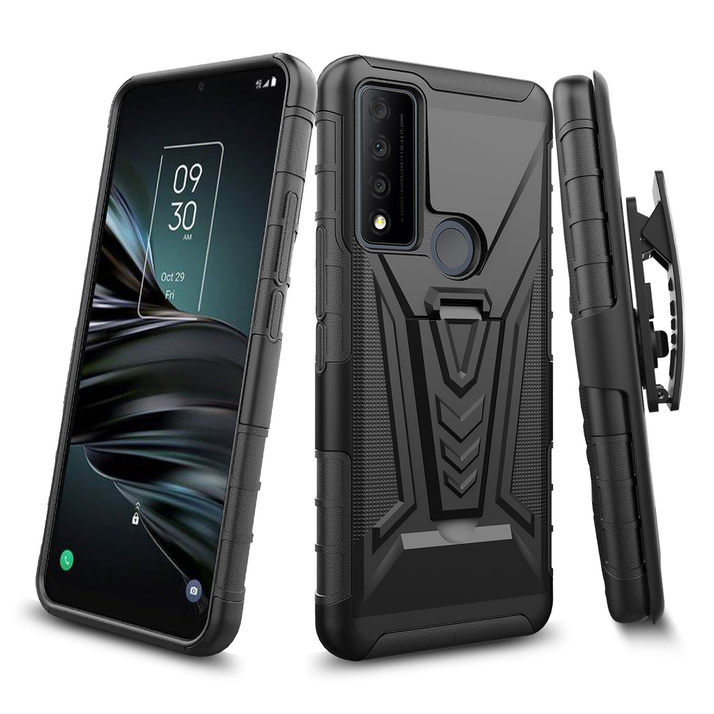 For TCL 30V 5G Combo 3 in 1 Rugged Swivel Belt Clip Holster Heavy Duty Tuff Hybrid Armor Rubber TPU with Kickstand Stand Black Phone Case Cover