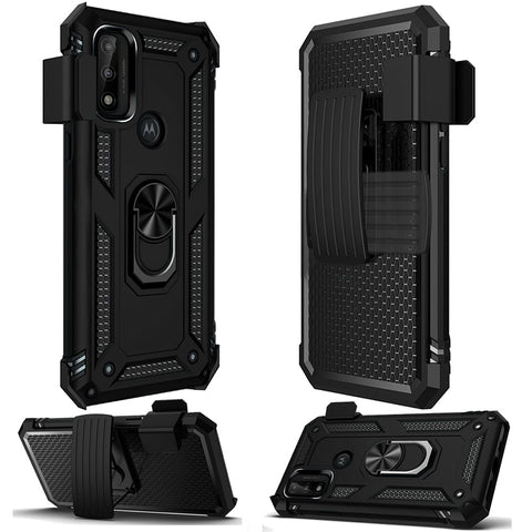 For Motorola Moto G Pure /G Power 2022 Combo Hybrid Armor with Belt Clip Holster Ring Kickstand Holder, Military Grade Black Phone Case Cover