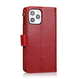 For OnePlus 10T 5G Leather Zipper Wallet Case 9 Credit Card Slots Cash Money Pocket Clutch Pouch with Stand & Strap Red Phone Case Cover
