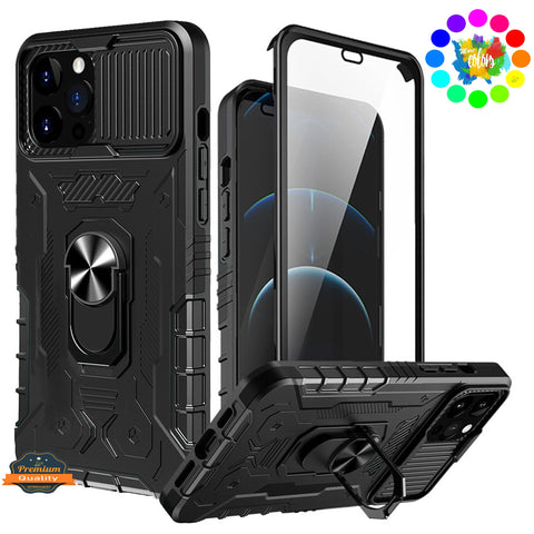 For Apple iPhone 13 Pro Max Ring Stand Cases with Slide Camera, Kickstand & Screen Protector Military Grade Shockproof  Phone Case Cover