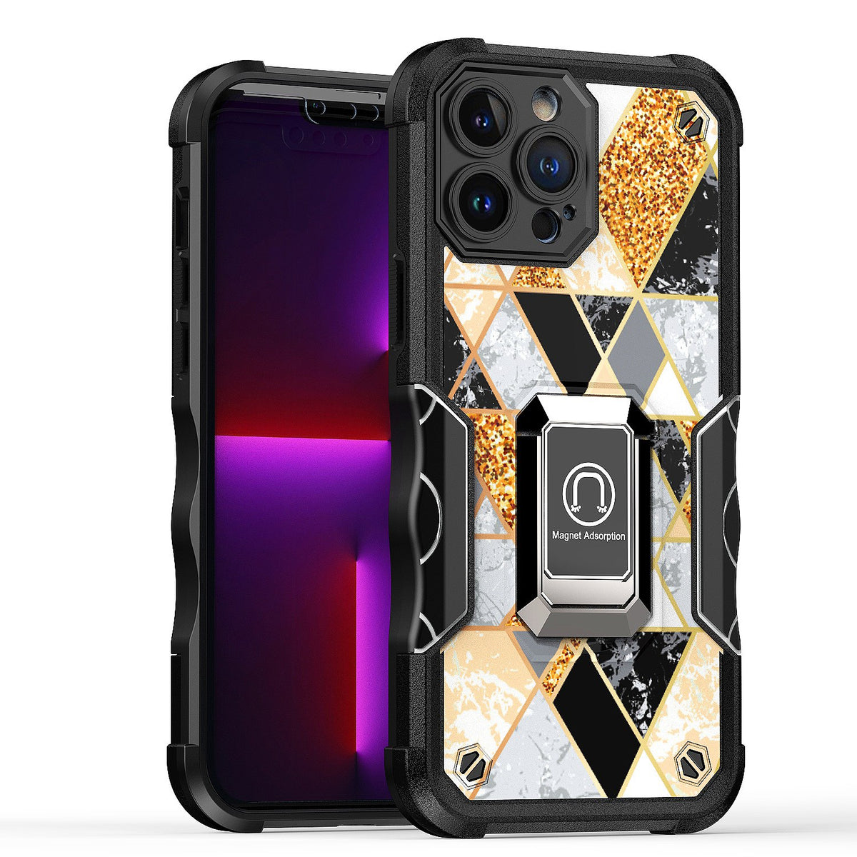 For iPhone 14 Pro (6.1") Marble IMD Stone Design Hybrid Armor Magnetic Ring Stand Kickstand Heavy Duty Rugged  Phone Case Cover