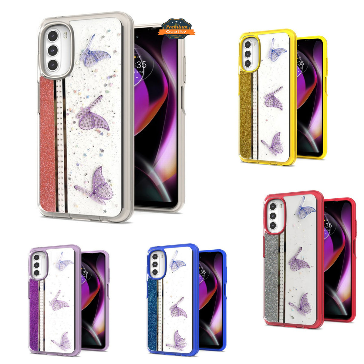 For Apple iPhone 14 /Plus Pro Max Butterflies Design Bling Glitter Shockproof Hybrid TPU Frame and Hard Back Slim  Phone Case Cover