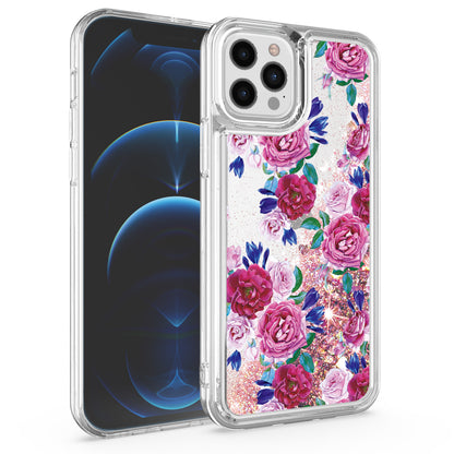 For Apple iPhone 14 Pro (6.1") Floral Design Quicksand Water Flowing Liquid Floating Sparkle Colorful Hybrid  Phone Case Cover